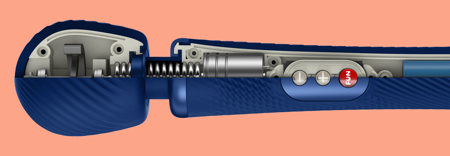 Vim wand vibrator by Fun Factory on a pink background showcasing inside mechanic