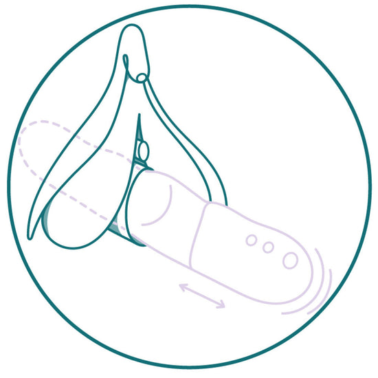 Illustration of Stronic Petite mini pulsator inside a vagina by Fun Factory showing how to use it for internal stimulation
