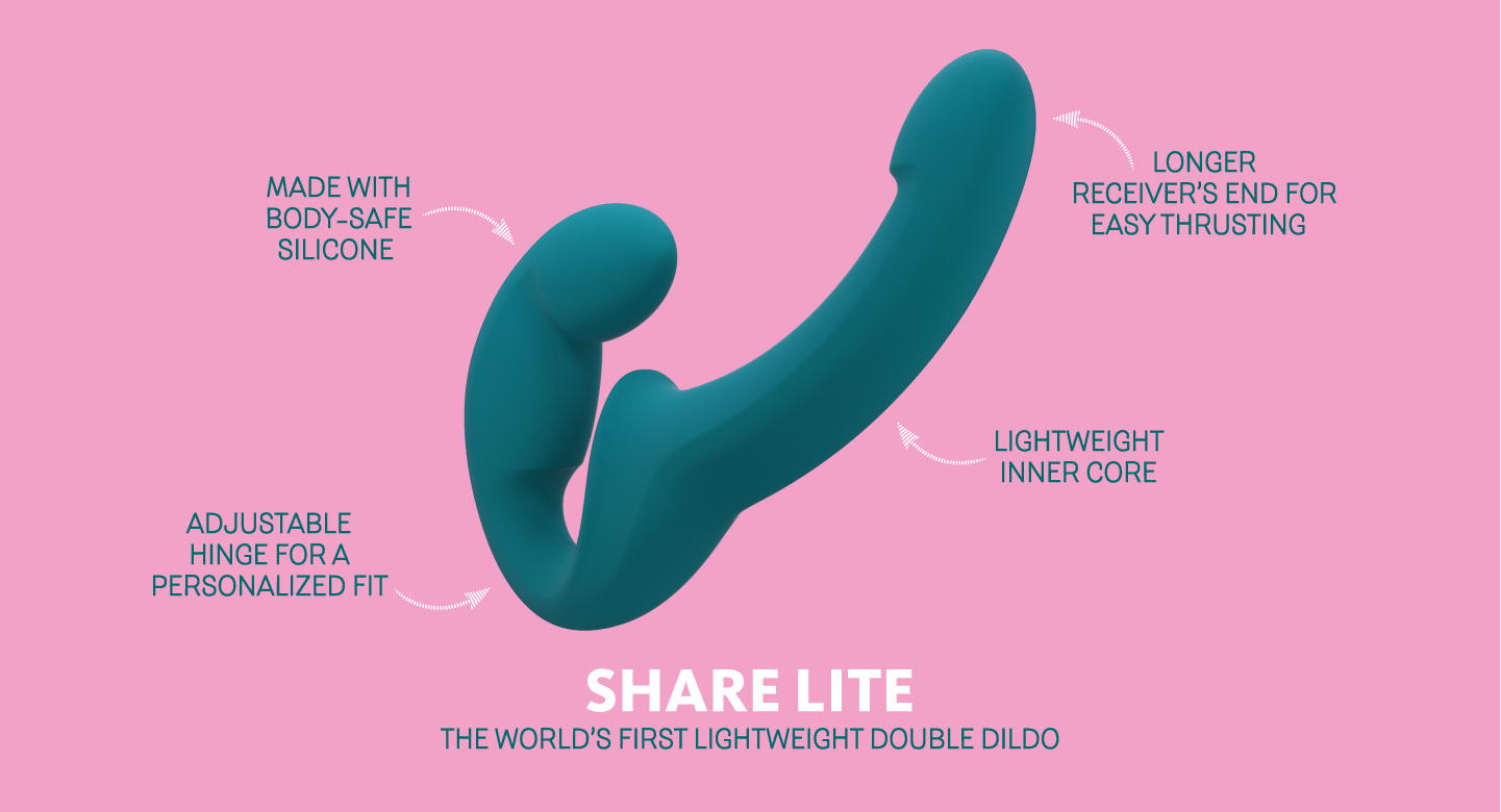 Unique Selling Points of Share Lite Double Dildo By Fun Factory on a Pink background 